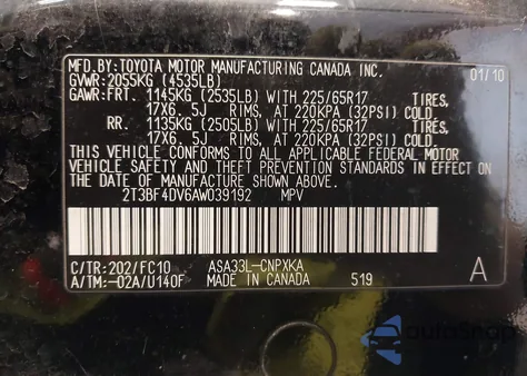 2010 Toyota Rav4 z USA, uszkodzony, nr VIN 2T3BF4DV6AW039192